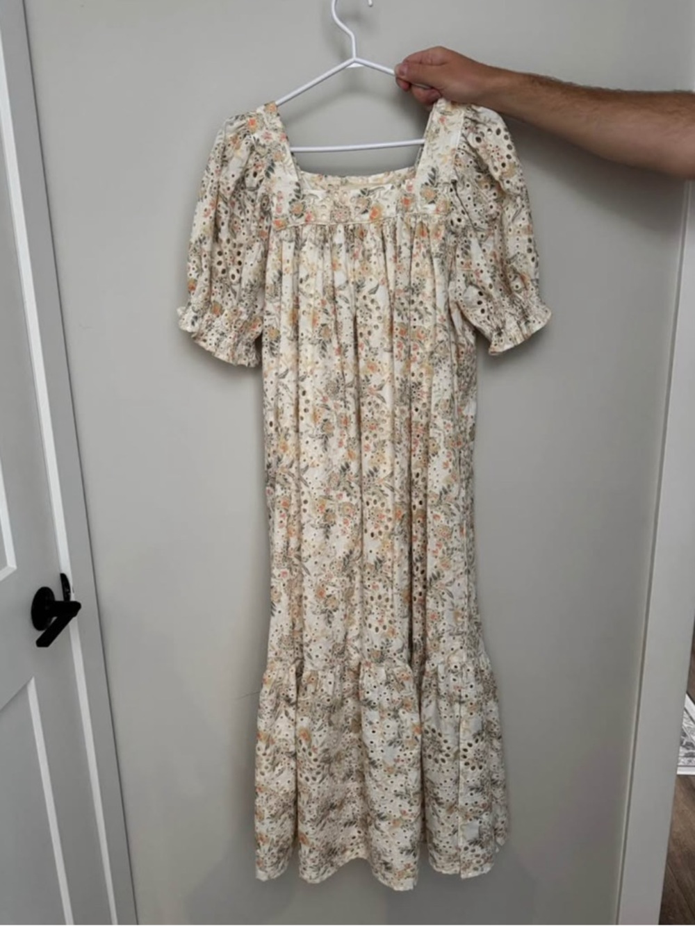 Cream Floral Square-Neck Maxi Dress with Puff Sleeves